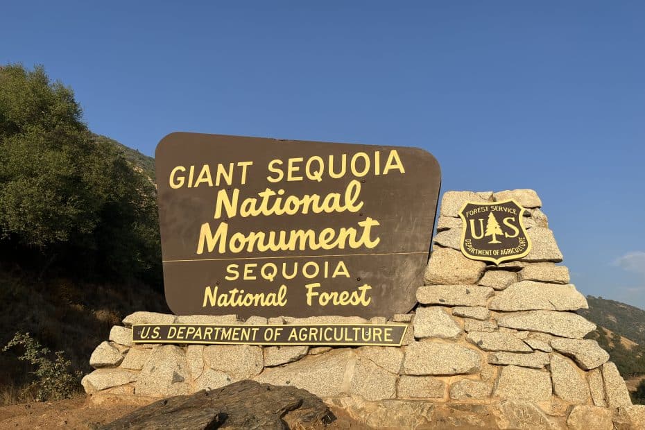 Entrance sign to Giant Sequoia National Monument in Sequoia National Forest, California