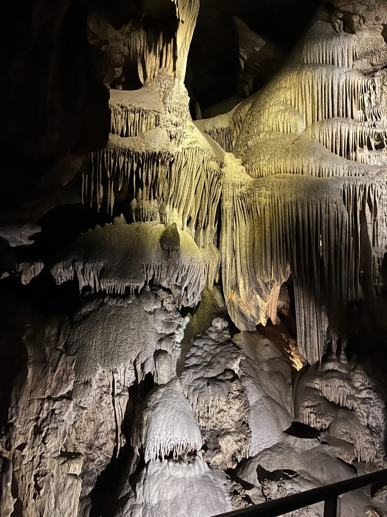 Crystal Cave formations with stalactites and flowstone in Sequoia National Park