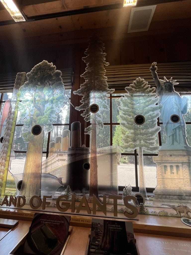 Exhibit at the Giant Forest Museum comparing the size of giant sequoia trees to the Statue of Liberty and Titanic