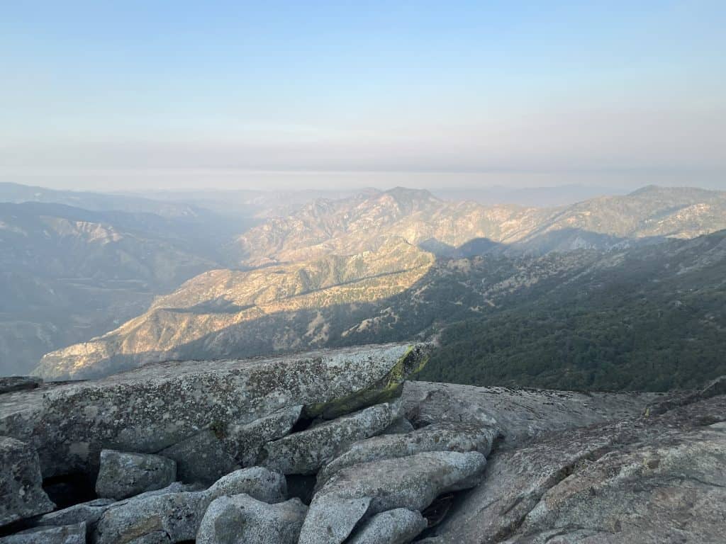View from the top of Moro Rock in Sequoia National Park with smoky skies from the Garnet Fire, September 2025